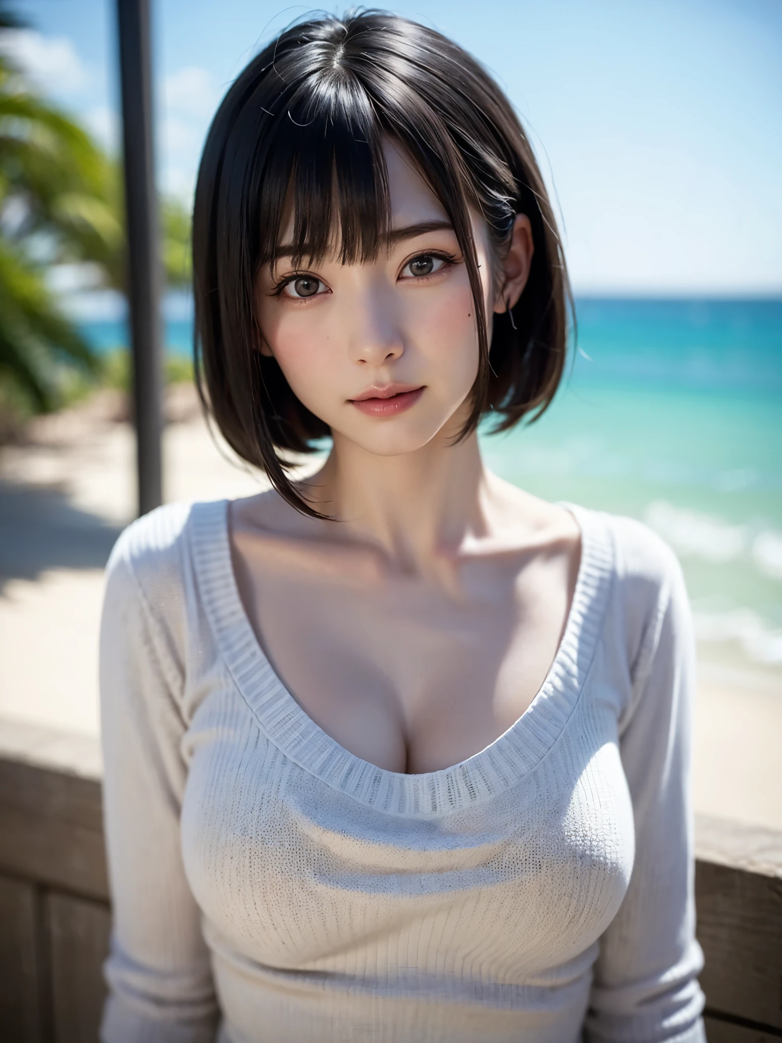 女の子1人、top-quality、realisitic、独奏、depth of fields、natural soft light、during daytime、魅惑的、beauitful face、Cleanliness、Pure face、de pele branca、kawaii、short-hair、bangss、the beach、rays of sunshine、Nedium Breast Body Esbian、((Beautiful face with sweater golden ratio Beautiful face with symmetry))、long neck、Put your ears out、bangssのあるきれいな短いボブヘア、Smile with your mouth closed、perfect hand指、perfect hand、Perfect body、face perfect、Shine a light into the eyes、Perfect Anatomy:1.4、とてもkawaiiスーパーモデル:1.4