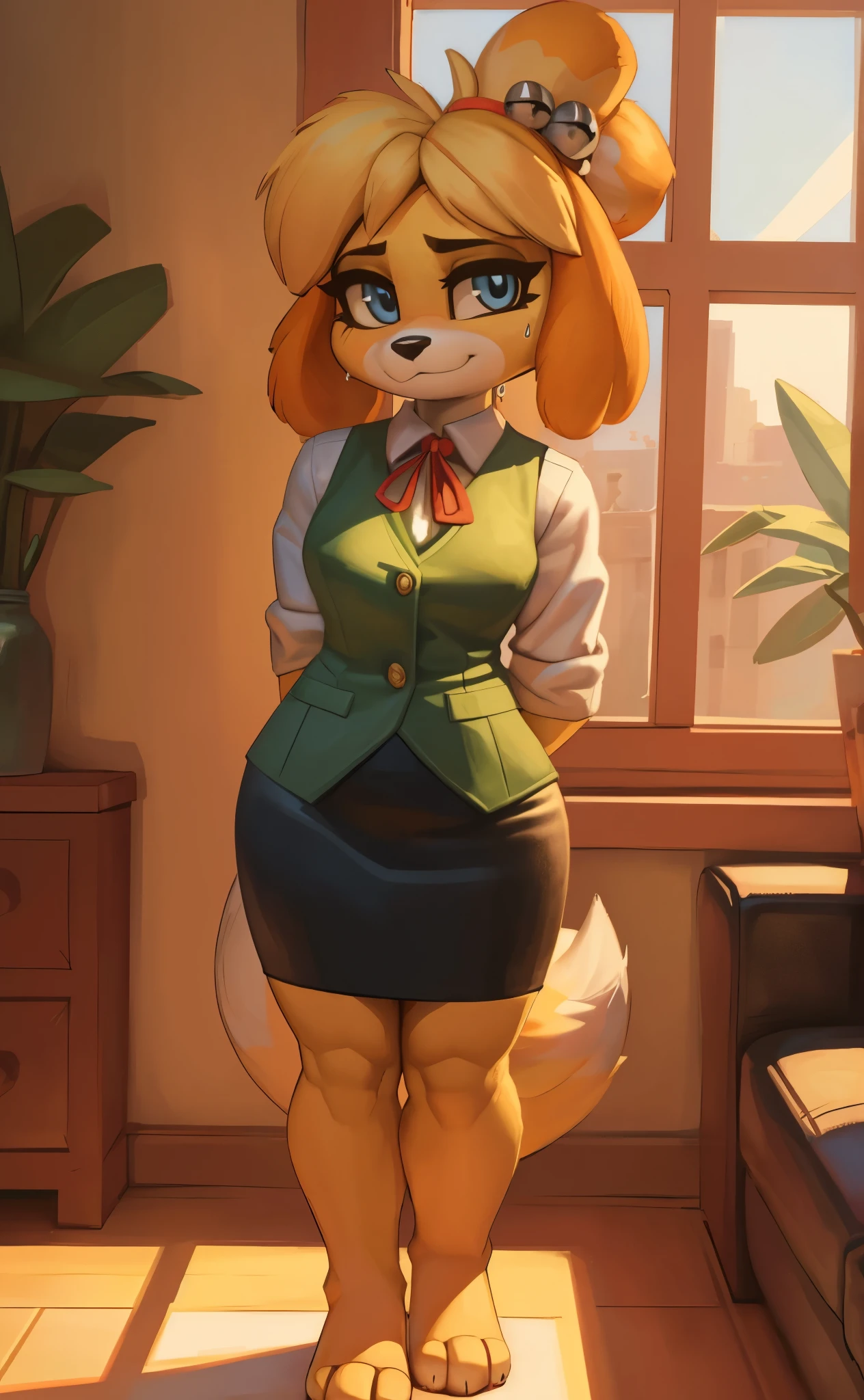 [isaCrossing], [Isabelle], [Animal Crossing], [Uploaded to e621.net; (Pixelsketcher), (wamudraws)], ((masterpiece)), ((HD)), ((highres)), ((solo portrait)), ((front view)), ((feet visible)), ((furry; anthro)), ((detailed fur)), ((detailed shading)), ((beautiful render art)), {anthro; (slim figure), yellow fur, black nose, (cute blue eyes), small brown eyebrows, blonde hair, (bells in hair), topknot, fluffy tail, (curvy hips), (sweat on forehead), (beautiful legs), (beautiful feet), (cute nervous smirk)}, {(red ribbon in hair), (green office vest), (orange shirt), (short green pencil skirt)}, {(standing), (arms behind back), (pigeon-toed), (looking at viewer)}, [background; (living room), (window), (blue sky), (sun rays), (ambient lighting)]