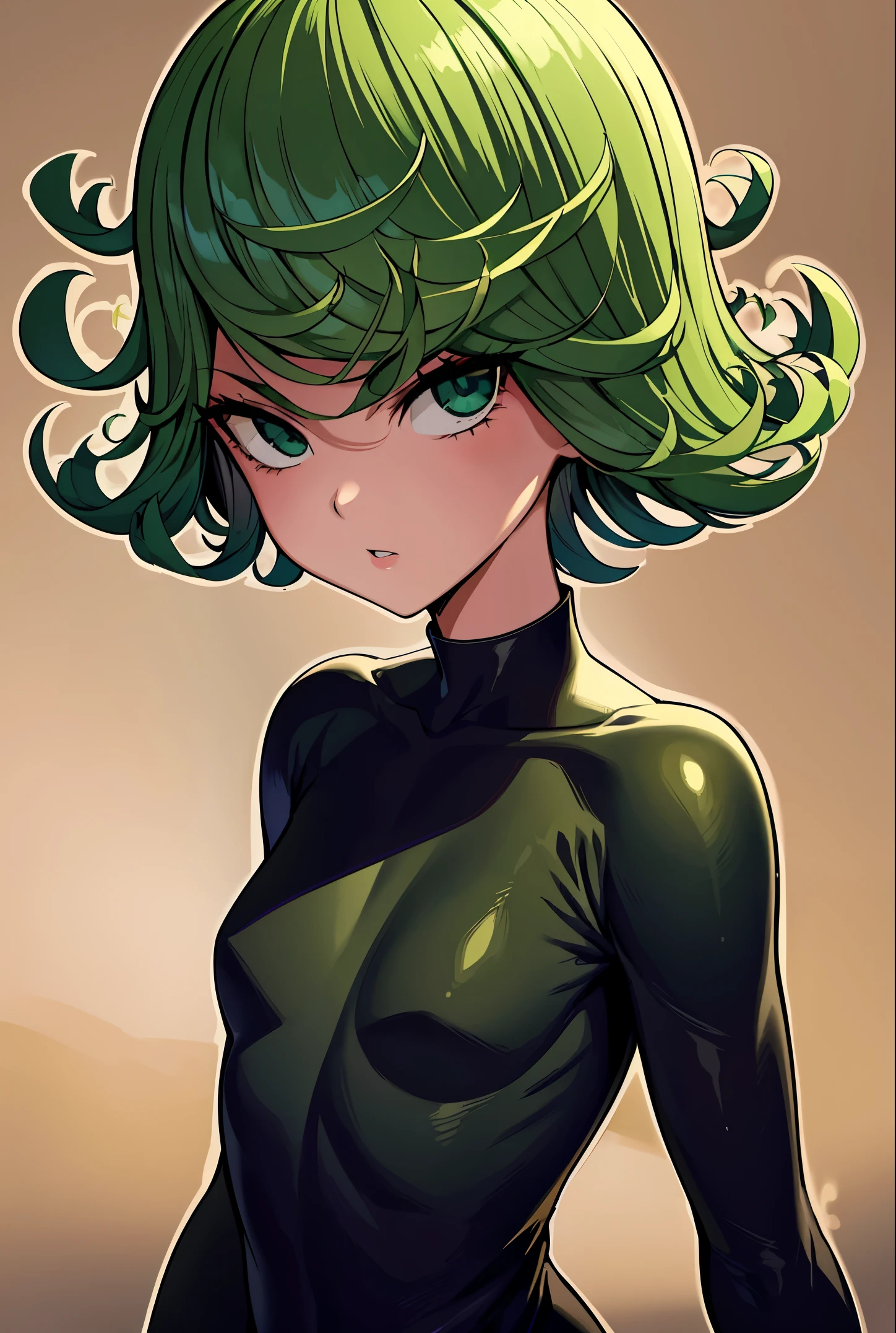 (beste-Qualit, 8K, 12), 1 girl, tatsumaki, Short Hair Hair, green hair, little chest, , the perfect body, ultra detail face, detailed lips, Slender Eyes, gown, stands, enticing, Excited, convex areolas, steam, From Bottom