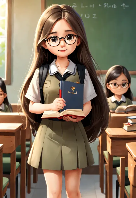 cute cartoon girl,long-haired,Wear glasses,Wear a khaki Thai teacher uniform..,Wear black shoes,left hand holding a book,Stand a...