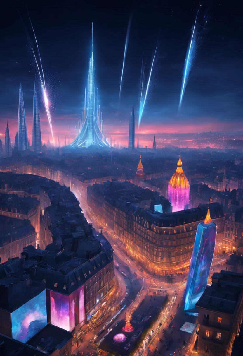 Ville colorée, Bâtiments futuristes, voitures volantes, Néons, grand feu d&#39;artifice, rues bondées, Atmosphère animée, des gens heureux qui célèbrent, superbe horizon, Technologie de pointe, gratte-ciel de grande hauteur, Panneaux d’affichage holographiques, couleurs éclatantes, Énergie dynamique, Décorations festives, transport avancé, Spectacle de lumière éblouissant, Ambiance joyeuse, Architecture moderne, paysage urbain éclatant, des gens portant des tenues futuristes, Ambiance de fête, Musique entraînante, Gadgets high-tech, ville illuminée de lumières vives, scène énergique et vibrante, célébration d&#39;un nouveau départ, Paysage urbain futuriste, Avancées technologiques, Esprit festif, anticipation d&#39;un avenir radieux, ambiance optimiste, des conceptions avant-gardistes, Expérience immersive, un feu d&#39;artifice spectaculaire, Vue aérienne de la ville, marchés de rue animés, énergie positive, unité et convivialité, moments joyeux, un sentiment d&#39;émerveillement et d&#39;excitation, grand spectacle, une ville qui renaît avec des possibilités infinies, espoir pour l&#39;avenir.