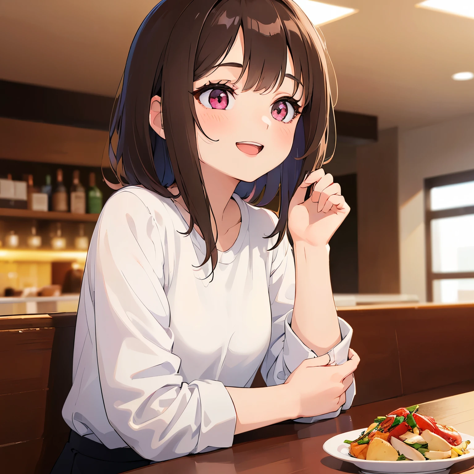 (looking away:1.5), Raising hand, ​masterpiece、top-quality、 A 25-year-old woman with medium hair and pink eyes with brown bangs.、white  shirt、(smile:1.3)、open mouth, Close-up of your face、sitting on、The background is a restaurant、Bold composition、Upper body is shown、Alone、