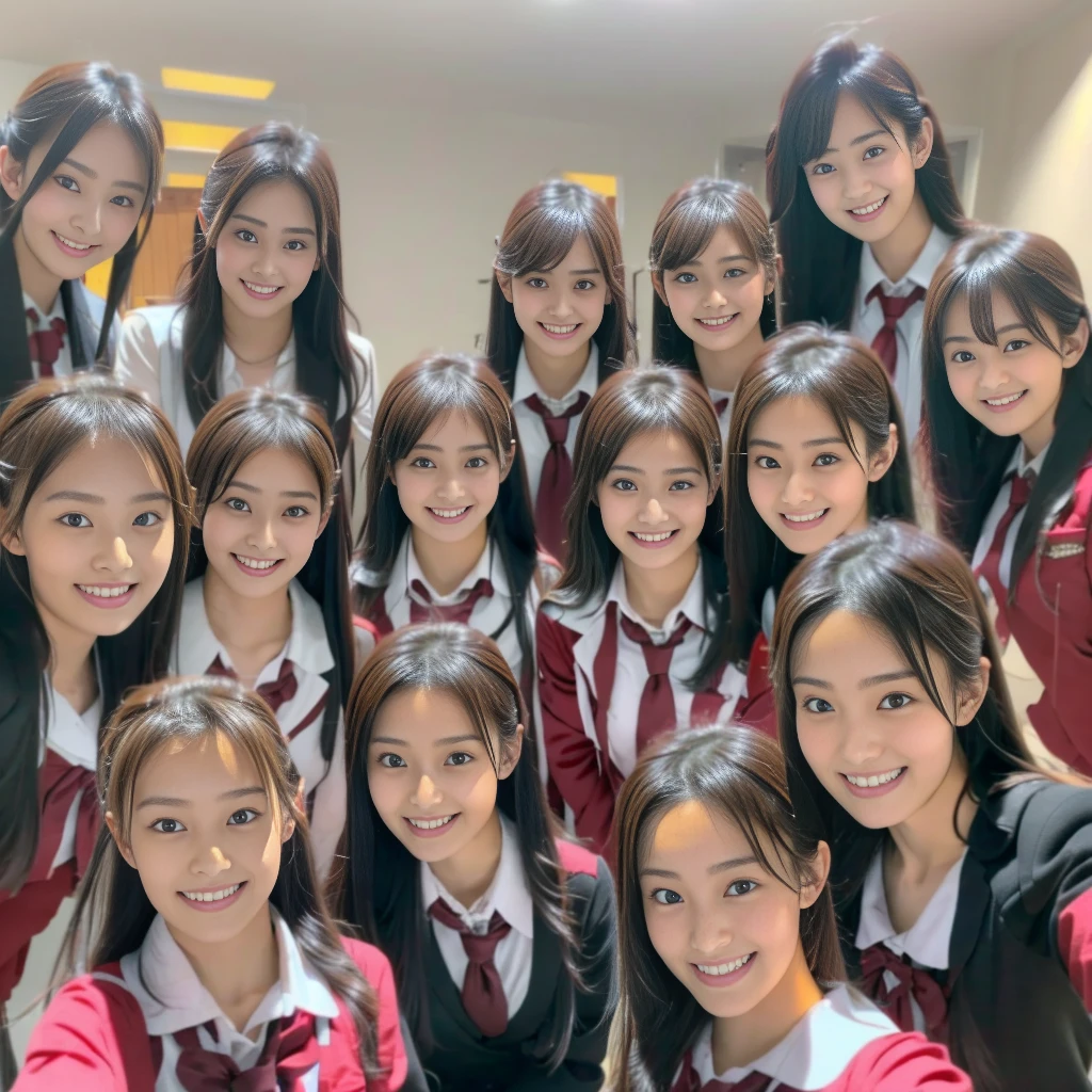 ภาพถ่ายดิบ、(((multiple สาวๆ))),((((6+สาวๆ)))),((((100สาวๆ)))),((((1000สาวๆ))))、((((100 สาว))))、ผู้หญิงเท่านั้น、((ทุกคนมีใบหน้าเหมือนกัน)),((ชุดนักเรียนที่เข้ากัน))、、ผมยาวสีดำ、ญี่ปุ่น、100 cute high school สาวๆ、รอยยิ้ม、‎ห้องเรียน、เซลฟี่、คนเดียวกัน、(((กลุ่มใหญ่)))、นักเรียนมัธยมปลาย