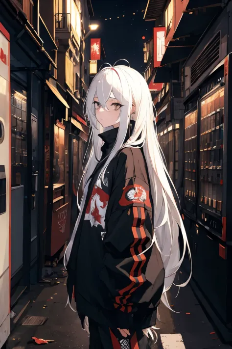 (masterpiece, best quality:1.3), 1girl, white hair, very long hair, messy hair hair over eyes, black eyes, streetwear outfit, al...