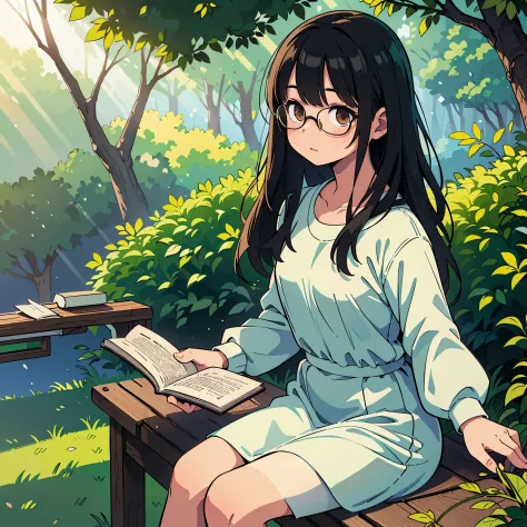 (Girl reading a book,Sitting on a bench,The tree々Sunlight flowing between,Deep green,Natural light,Long Black Hair,Glasses,White...