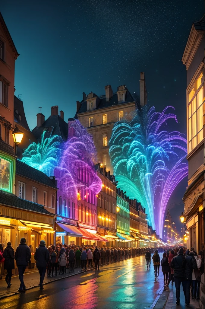 Ville colorée, Bâtiments futuristes, voitures volantes, neons, grand feu d&#39;Artifice, crowded streets, Lively atmosphere, des gens heureux qui célèbrent, superbe horizon, Technologie de pointe, gratte-ciel de grande hauteur, Panneaux d&#39;affichage holographiques, Vibrant colors, Dynamic energy, Festive decorations, transport advanced, Spectacle de lumière éblouissante, ambiance joyeuse, Architecture moderne, paysage urban éclatant, des gens portant des tenues futuristes, Party atmosphere, Catchy music, Gadgets high-tech, ville illuminée de lumières vives, Scène énergique et vibrante, celebration d&#39;a new department, Paysage urbain futuriste, Technological advances, esprit festif, anticipation d&#39;un avenir radieux, Ambiance optimiste, des conceptions avant-gardistes, Immersive experience, un feu d&#39;Artifice spectaculaire, Vue aerial de la ville, Bustling street markets, positive energy, unity and conviviality, moments joyeux, un sentiment d&#39;émerveillement et d&#39;excitation, grand spectacle, A town that is renaited with infinite possibilities, espoir pour moi&#39;avenir.