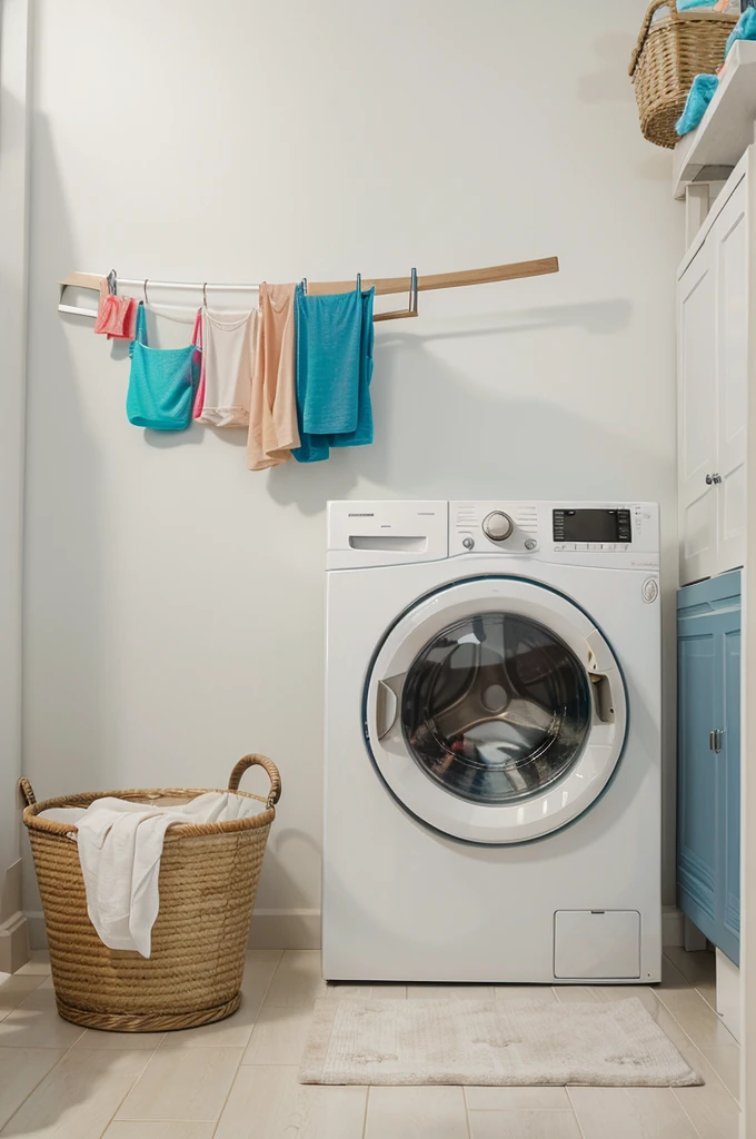 high-quality, 4k, detailed illustration, realistic, vivid colors, well-lit environment, washing machine, laundry, clean clothes, spinning drum, water, detergent, bubbles, laundry room, laundry basket, folded clothes, cleanliness, efficiency, modern technology
