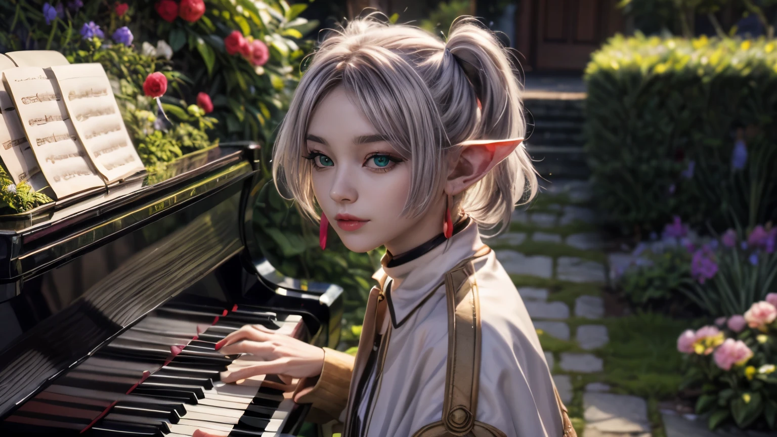 8K, best quality, best resolution, ultra detailed, 80mm, loop lighting, photorealistic, masterpiece, absurdress, beautiful girl, elf, grey hair, earrings, pointy ears, green eyes, twintails, piano, parted bangs, thick eyebrows, collared capelet, white capelet, striped shirt,long sleeves, white skirt, playing piano, attractive pose, outdoors, flowers garden