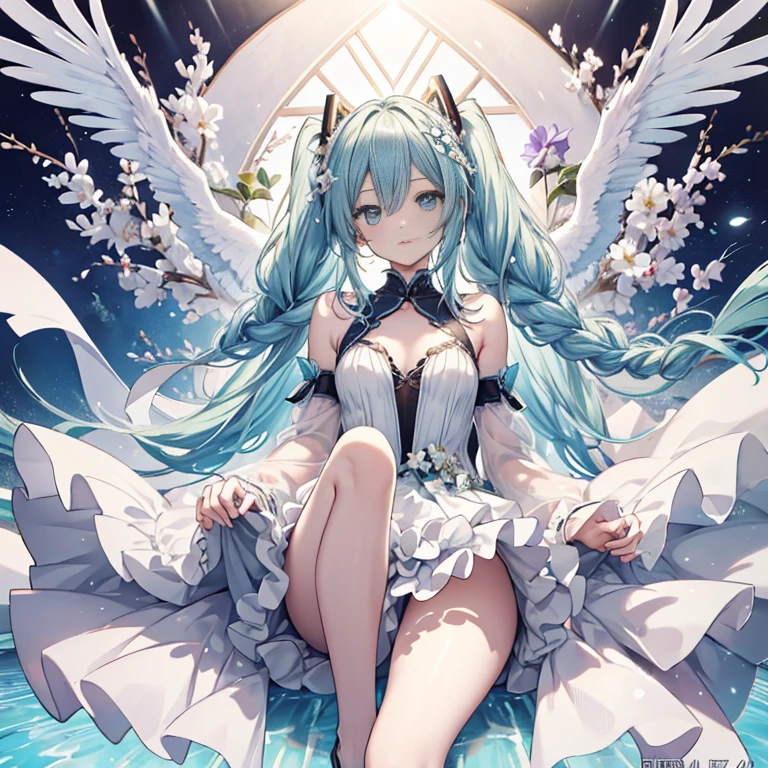 Hatsune Miku、(ultra realista), (Una ilustración), (alta resolución), (8K), (muy detallado), (la mejor ilustración), (hermosos ojos detallados), (mejor calidad), (Súper detallado), (Maestro de la paz), (Fondos de pantalla), (cara detallada), solo, 1 chica, vestidos aristocráticos、pelo blanco, Iris ojos heterocromáticos, pequeños lunares debajo del ojo, pecho mediano, piernas largas,Impresionante composición,Trenzas de pies,Piernas hermosas y detalladas.