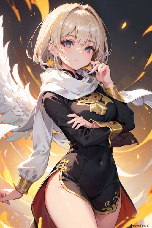 (Masterpiece: 1.5, Best quality, High resolution: 1.3, Super resolution, Super detailed, Ultra detailed: 1.3, Rich background: 1.2, 1 girl)) pale skin + ash blonde hair + golden left eye, gray right eye + eyelashes long bottoms + short pixie hair + longer right bangs covering right eye + medium chest + elegant hands (Chinese inspired outfit, tight qipao dress long sleeves, open to see thighs, intricate details, intricate jewelry, delicate forehead accessory, bracelets, light on the thigh with jade, fluffy feather scarf large, owl perched on her hand) ((gentle smile, pose rising from the ground, perspective scattered white feathers, fire yellow/white background)) (colors used: gold, white, light blue, red, black, gray,)