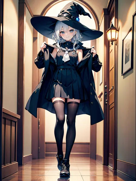 This is a high-class hot spring inn in a tourist destination in Japan.、beautiful hallway、It's night now、Woman wearing a large black witch hat with sapphire accessories、wearing a long black coat、She wears a sailor suit、she is wearing a checked skirt、knee-le...
