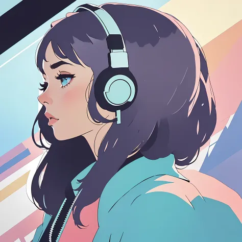 girl listening to music wearing headphones, side shot, side angle portrait shop, lofi style,