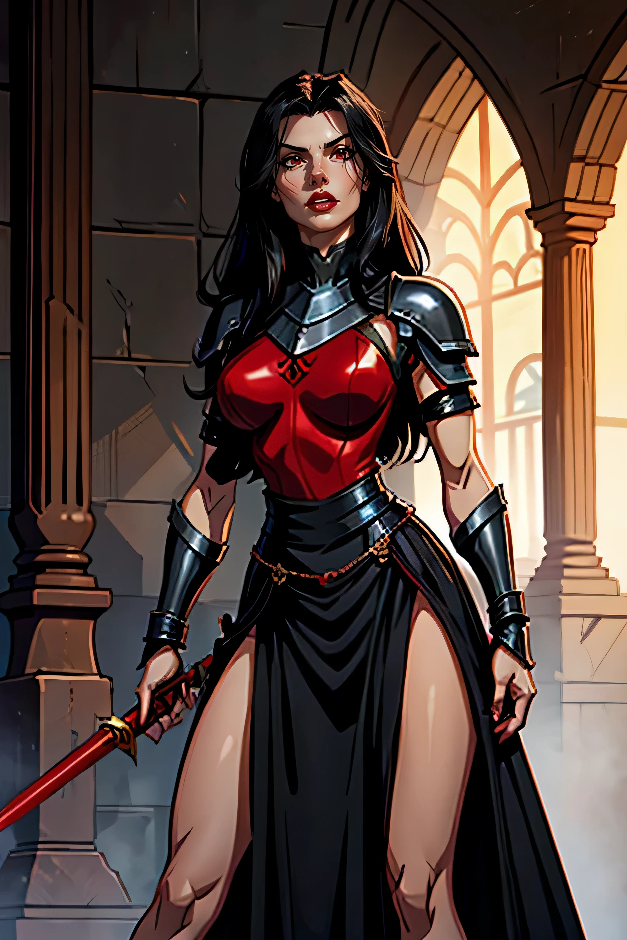 剣の達人で、赤と黒の鎧を着ている, 長い黒髪, ロングスカート