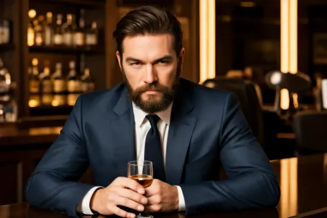 Create a handsome man, working, drinking a glass of whiskey, ash-brown hair, white man, his luxury office, man in suit, beard ma...