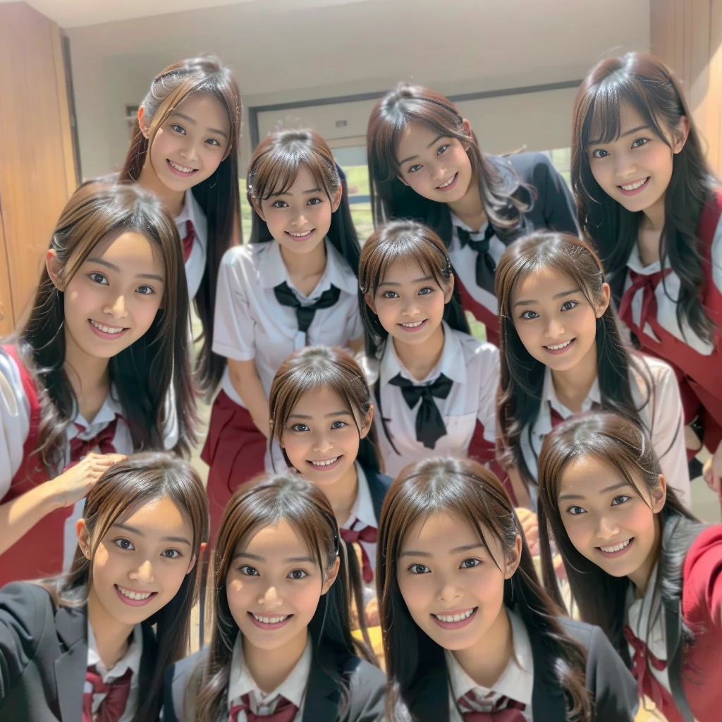 foto cruda、(((multiple chicas))),((((6+chicas)))),((((100chicas)))),((((1000chicas))))、((((100 niñas))))、solo mujeres、((todos tienen la misma cara)),((uniforme escolar a juego))、、pelo largo y negro、japonés、100 cute high school chicas、Una sonrisa、‎Aula、yo mismo、misma persona、(((Grupo grande)))、estudiantes de secundaria