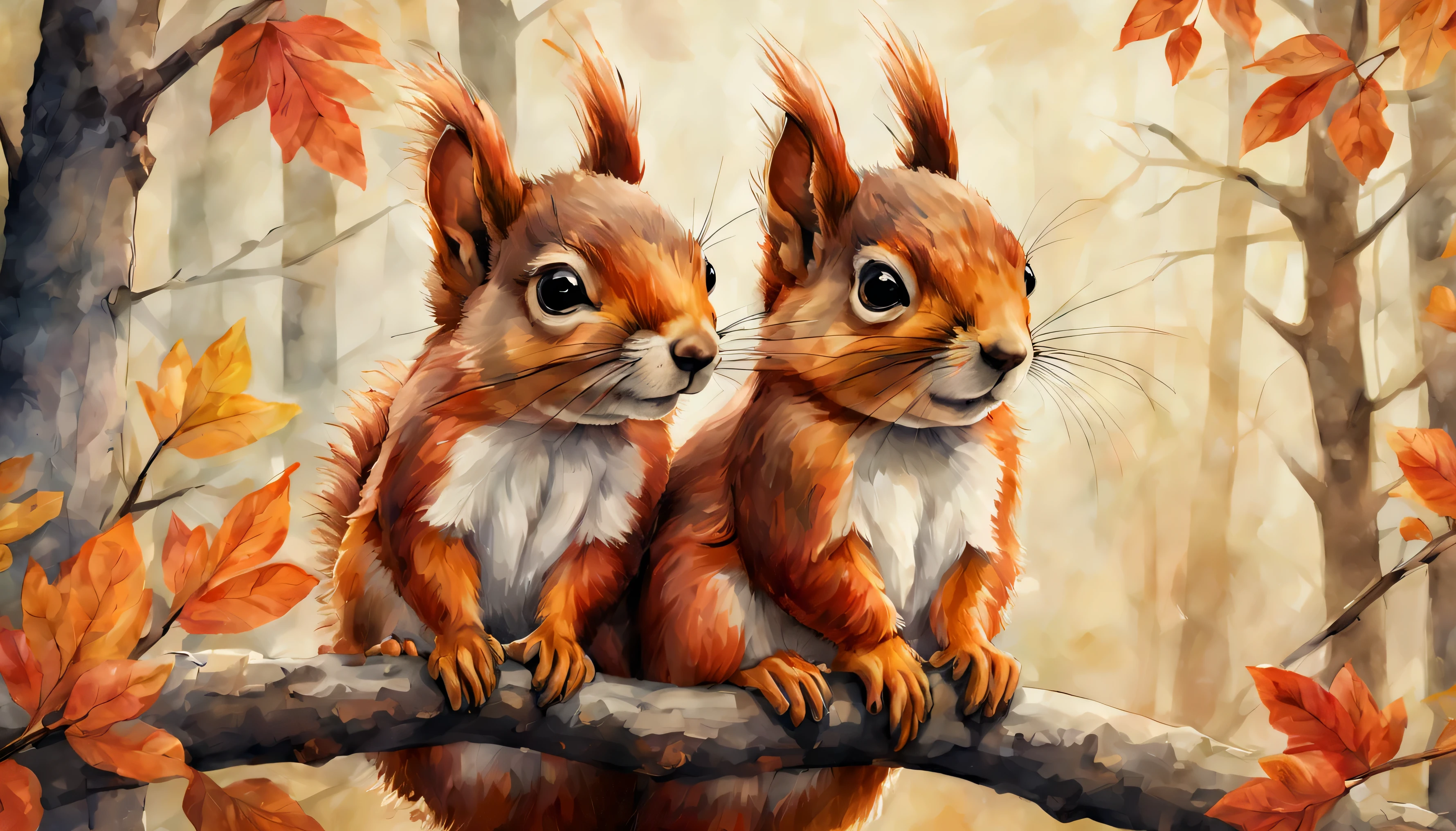 Painting of two squirrels sitting on a branch in a forest - SeaArt AI