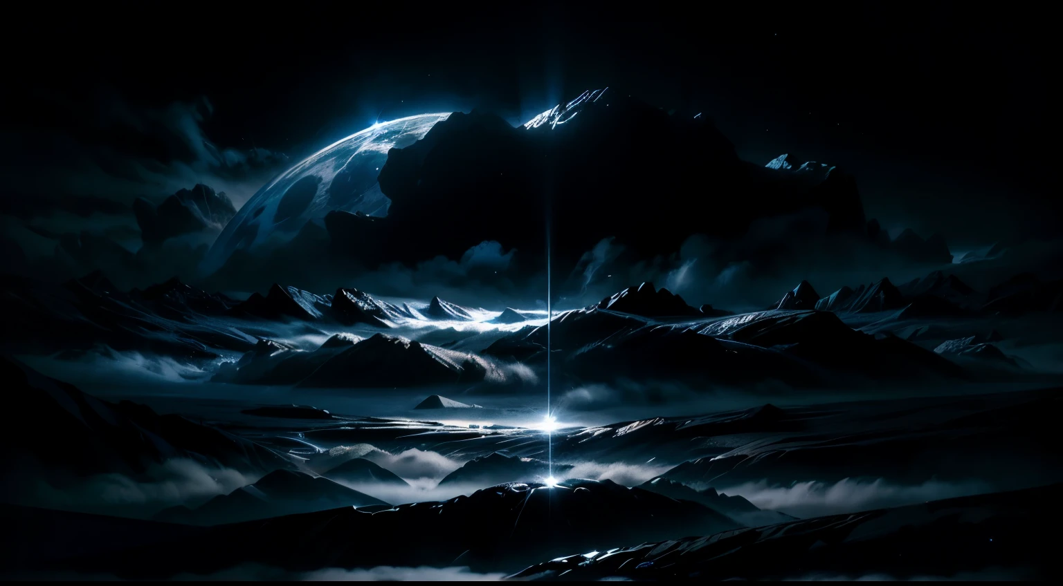 A dark sky with a mountain and a moon in the distance SeaArt AI