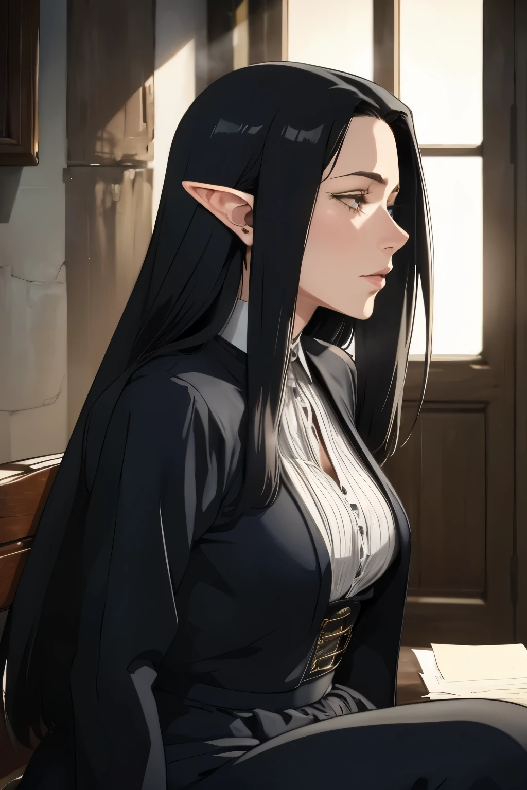 solo, (victorian dress:1.0), ((masterpiece)),((high resolution)),((best quality)), extremely fine and beautiful, super fine illustration, (realistic skin), (insanely detailed anime eyes), vivid and beautiful, aloof, shocking sensation, incredibly detailed, beautiful detailed girl, supple breasts, side view, elf, medium long elf ears, (see-through:0.5), covered, ((black hair)), (very long hair), profile, sitting, small plump breasts, plump thighs, wide hips, movie lighting, perfect shadow, realistic lighting shaded