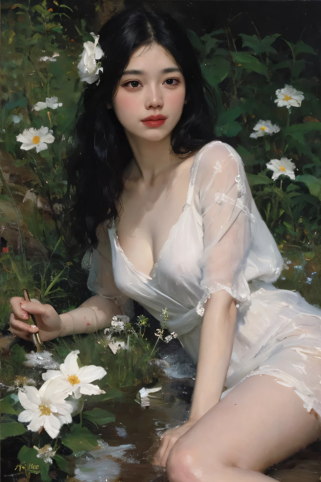 (طلاء زيتي:1.5),
\\
امرأة ذات شعر أسود طويل وزهور بيضاء مستلقية في حقل زهرة بيضاء, (ايمي سول:0.248), (ستانلي أرتجيرم لاو:0.106), (لوحات تفصيلية:0.353), (الفن القوطي:0.106)