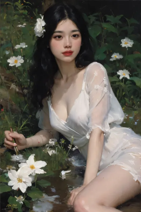 (Oil Painting:1.5),
\\
Woman with long black hair and white flowers lying in white flower field, (Amy Sol:0.248), (Stanley Artge...