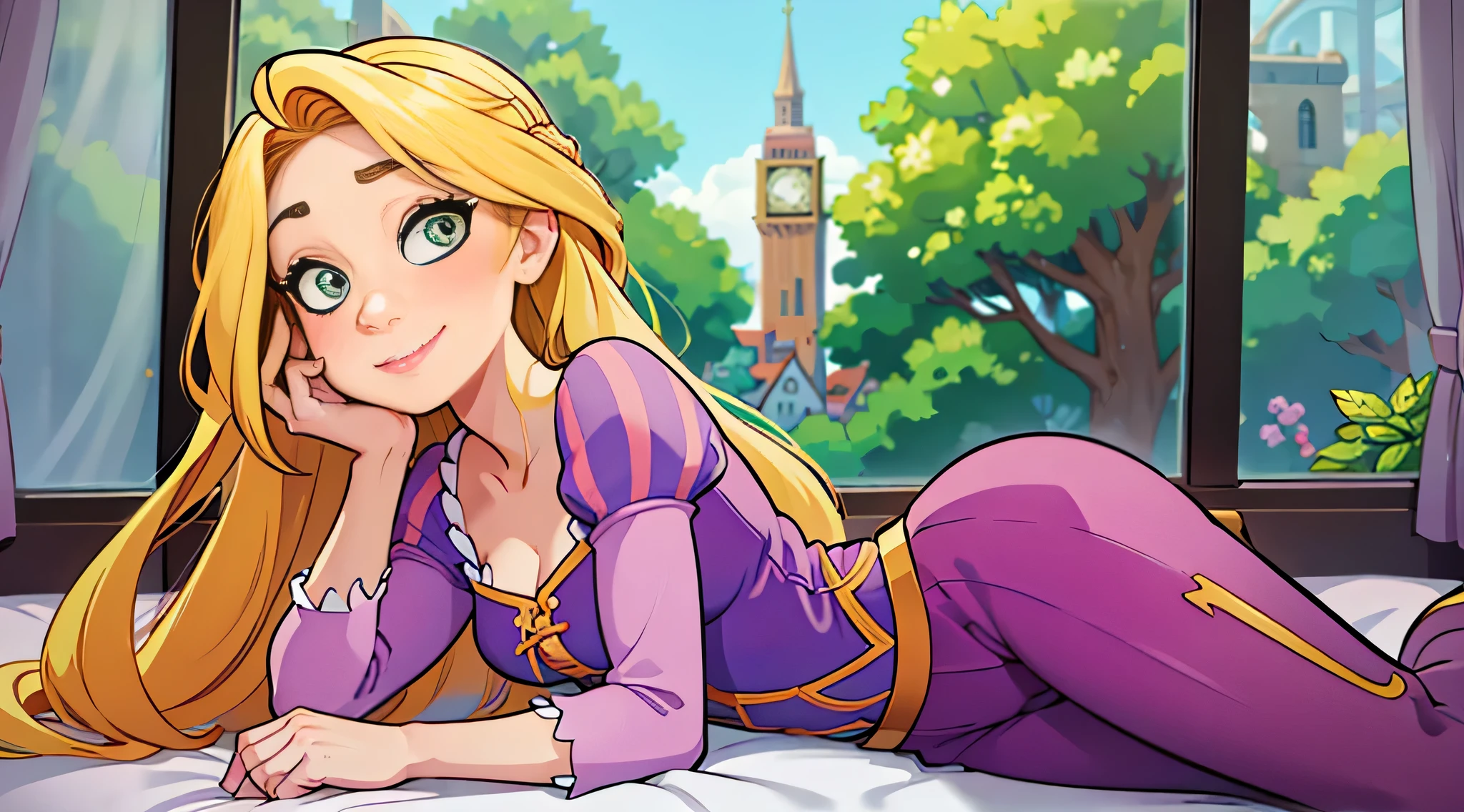 rapunzel com seu grande cabelo na cama, de costas, com a sua grande bunda para cima, olhos amarelos, cabelos amarelos, completamente naked, pelada, nua, Disney, estilo 2d, vista pela janela de uma torre no meio da floresta