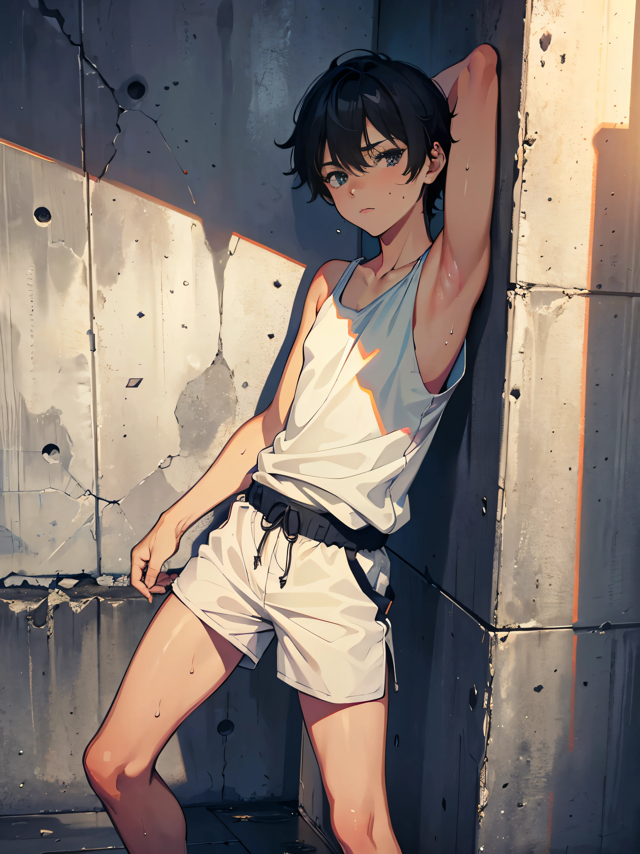 Highres, Masterpiece, Best quality at best,Best Quality,hight quality, hight detailed, Boy, 14-Year-Old-Boy, Jail, Tank top, Sweating,Concrete walls,Concrete floors,