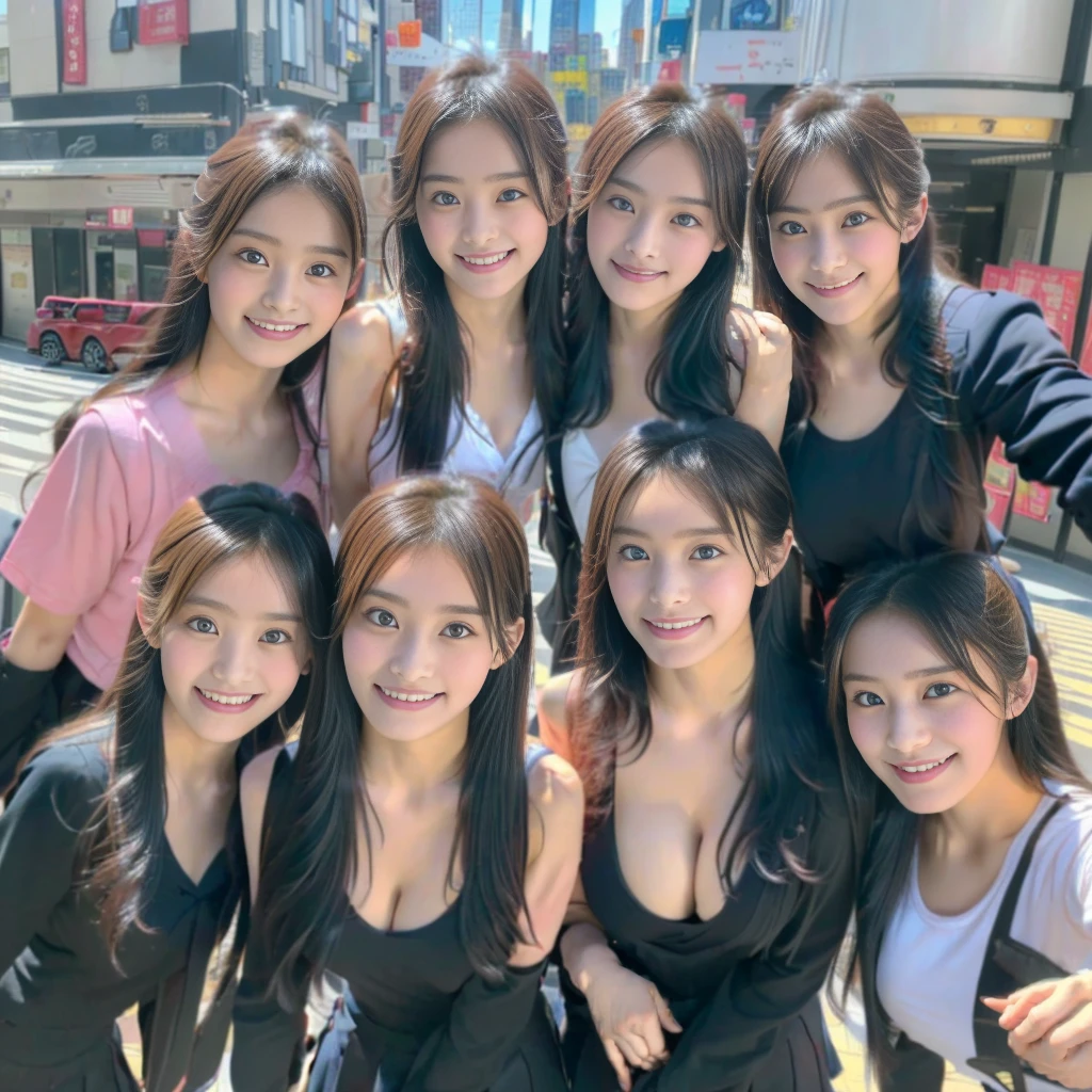 Raw photo、(((multiple girls))),((((6+girls)))),((((1000girls)))),(((10000girls)))、((((100000 girls))))、Women only、The same face、((matching school uniform))、(((many girls clinging to each other)))、((((Large group))))、、Long black hair、10,000 cute girls going to school、a smile、Commuting to school、School route、In the street、selfee、same person、(((Lots of girls filling the area)))、(((Many girls fill the city)))、a junior high school student