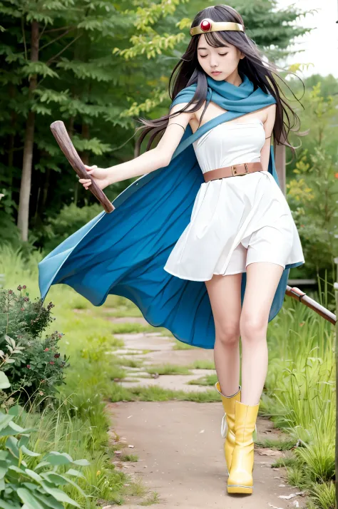 masutepiece, Best Quality, Ultra-detailed, Live-action adaptation, sage_(DQ3), 1girl in, (holding A staff, A staff:1.3), Solo, Long hair, Blue hair, circlet, Red Eyes, Normal udder, yellow gloves, White Dress, Belt bag, Cape, long boots, cleavage, Bare sho...