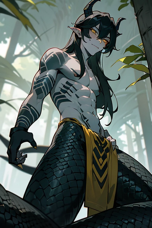 cool, (sexy:1.3), Fascinating,Lamiaan image a drawing of a man whose lower body is a snake, 1boy, black scales, black snake, male focus, solo, (monster boy),(snake boy), lamia, snake eyes, yellow eyes, (tsurime:1.0) , oni horns, teeth, (fang:1.0), sharp fangs, seductive smile, black hair, long hair, tired hair, cool, (sexy:1.3), Fascinating, Seducing Boy, topless, (pale skin), (sharp nails), (tribal tattoo:1.3) , (background in forest), (shoot from below), (from below:2), (A man seduces a woman), temptation, cinematic angle, masterpiece, best quality, high resolution, ultra-detailed