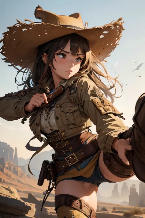 1girl, wild west setting, girl wears wild west Indiana Jones outfit, high boots, cowboy hat, armed with a gun, small breats, detailed face, combat stance, mean look, highly detailed, vibrant appearance, creative behavior, extremly detailed, imaginative, , ...