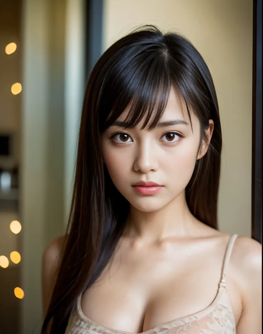 best quality, face focus, soft light, ultra high res, (photorealistic:1.4), RAW photo,
1japanese girl, solo, cute, (pupil, lights in the eyes),  detailed beautiful face, (small chest),(high resolution detail of human skin texture),
(long hair),
indoor,
Dam...