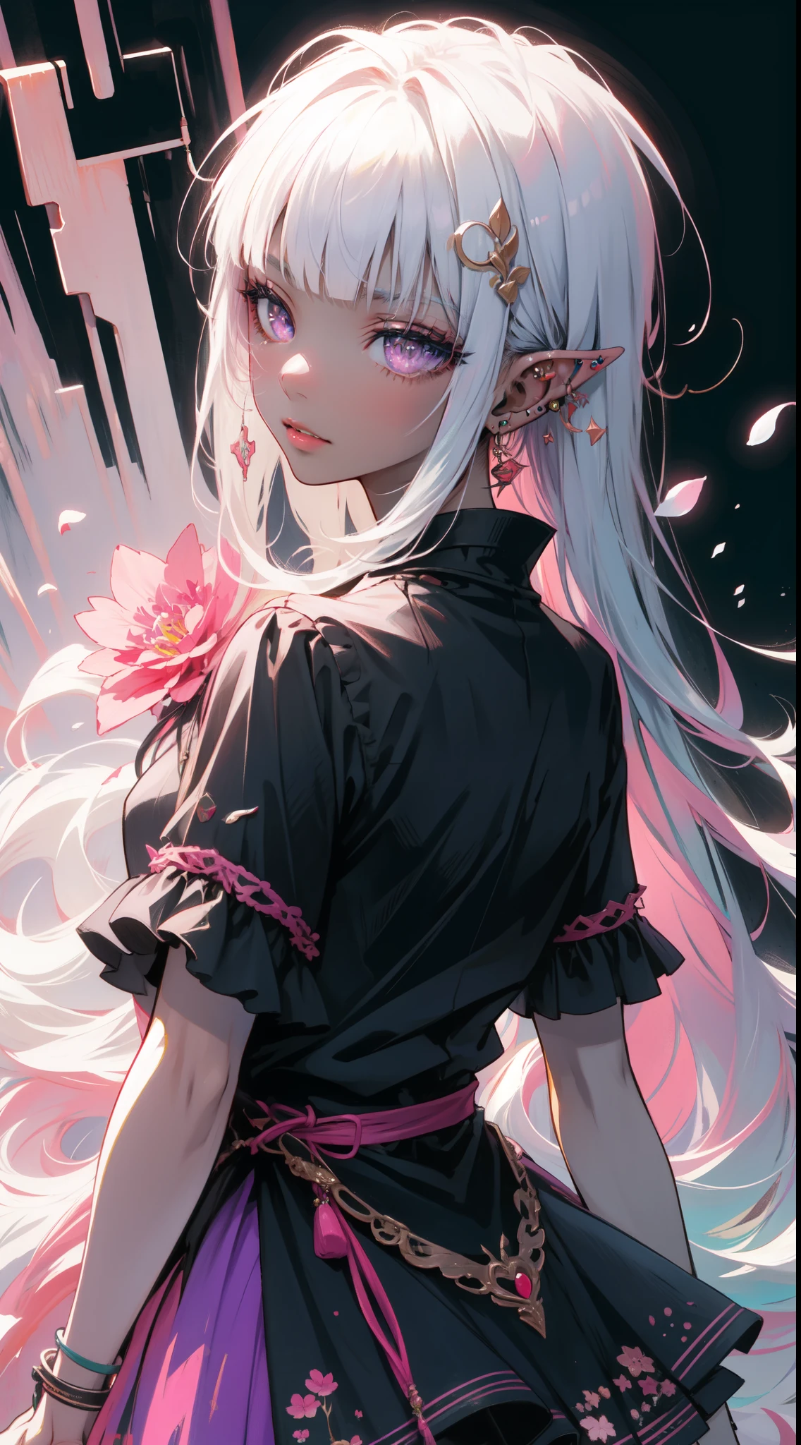 (masterpiece, top quality, best quality, official art, beautiful and aesthetic:1.2), ((dark elf)), ((1girl)), extreme detailed, (fractal art:1.3),colorful,highest detailed, portrait, from behind,  in the style art by Artgerm, by wadim kashin, by Kawacy, by Yoshitaka Amano, BREAK, insanely detailed face, details eye, Blunt bangs, white hair, (hair between eye), eyelashes, violet eyes, eyeshadow, pink eyeshadow, (dark skin:1.1), BREAK, corsages, jirai kei, (jirai kei fashion:1.1), Frills, Skirts, Various accessories, (ear piercing), punky style, Japanese subculture, fashion, Stockings, colorful, (Dark circles:1.2),