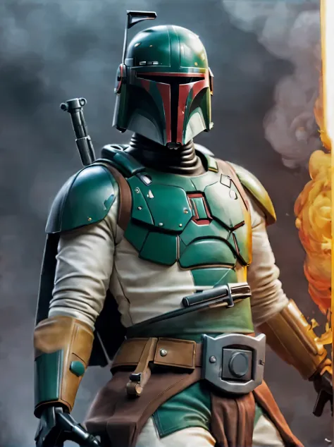 Boba Fett in his iconic armor with a dynamic shot, details of sparks and smoke, high-contrast shading for a dramatic look