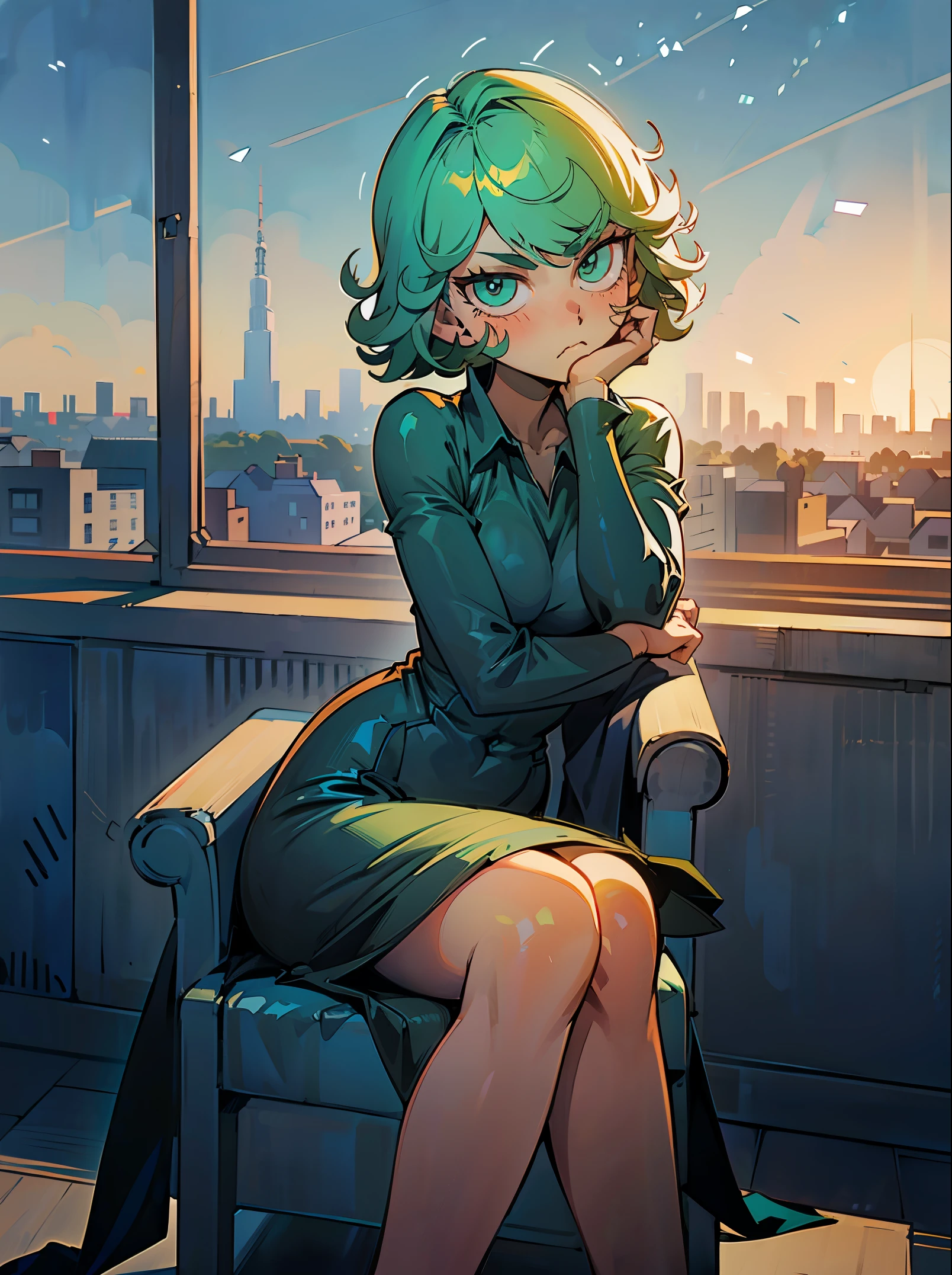 1girl, short green hair, ((Black Dress, sitting, crossed feet, feet focus, tsundere, thights, in armchair, Classroom, view from bottom)), curvy figure, overlooking the city, blusher, afternoon break 

(((Masterpiece))), ((highly detailed character)), ((Perfect eyes)), ((a perfect face)), ((Best Quality)), ((perfect arms)), High Resolution, Highly detailed image, thick thights 

BREAK 

Beautiful background, voluminous lighting,