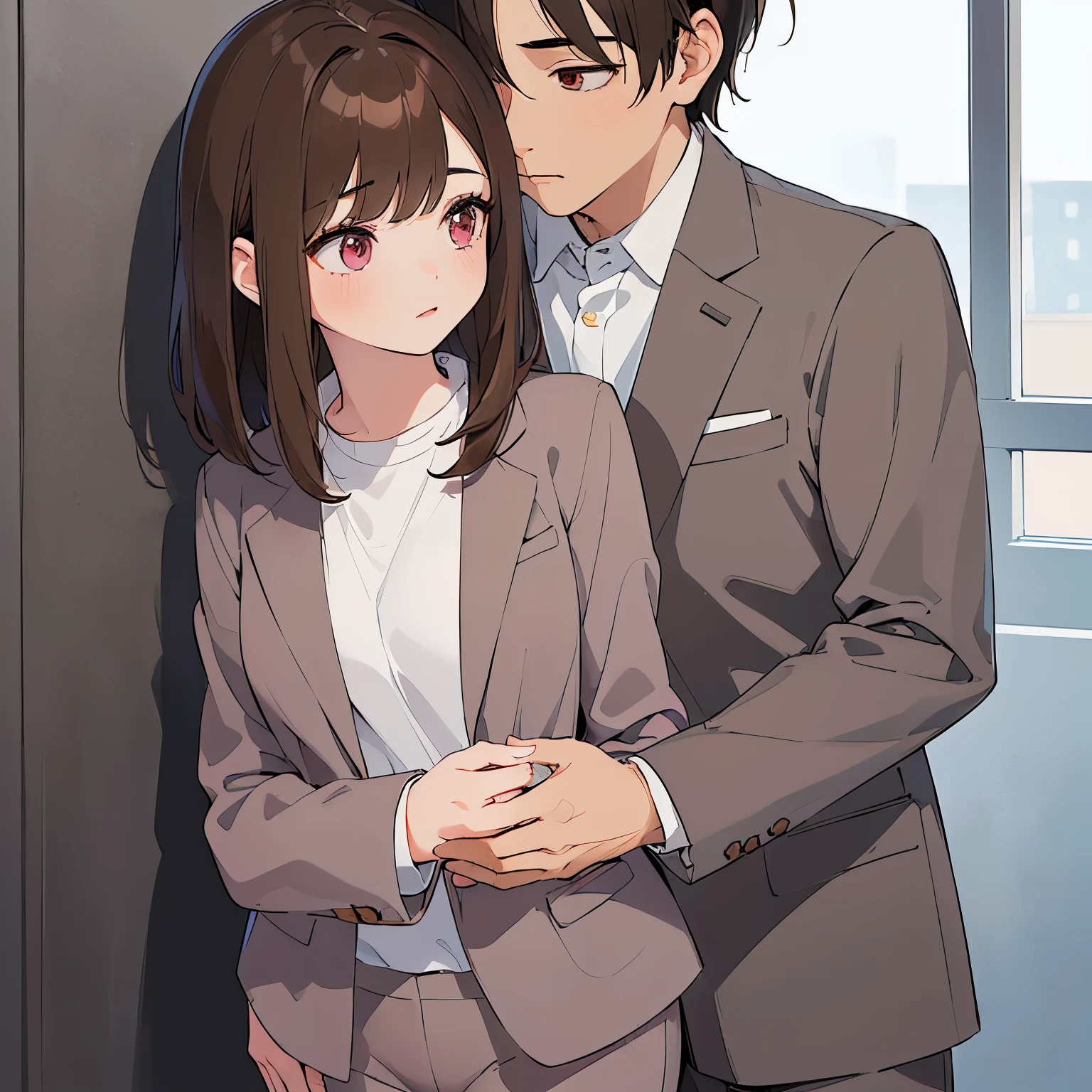 (hug:1.2), 1boy, 1girl, (looking away:1.1), ​masterpiece、top-quality、 (Medium hair with brown bangs:1.5), 25 year old woman with pink eyes、(Wearing a gray suit:1.5)、white  shirt、brown short hair man、