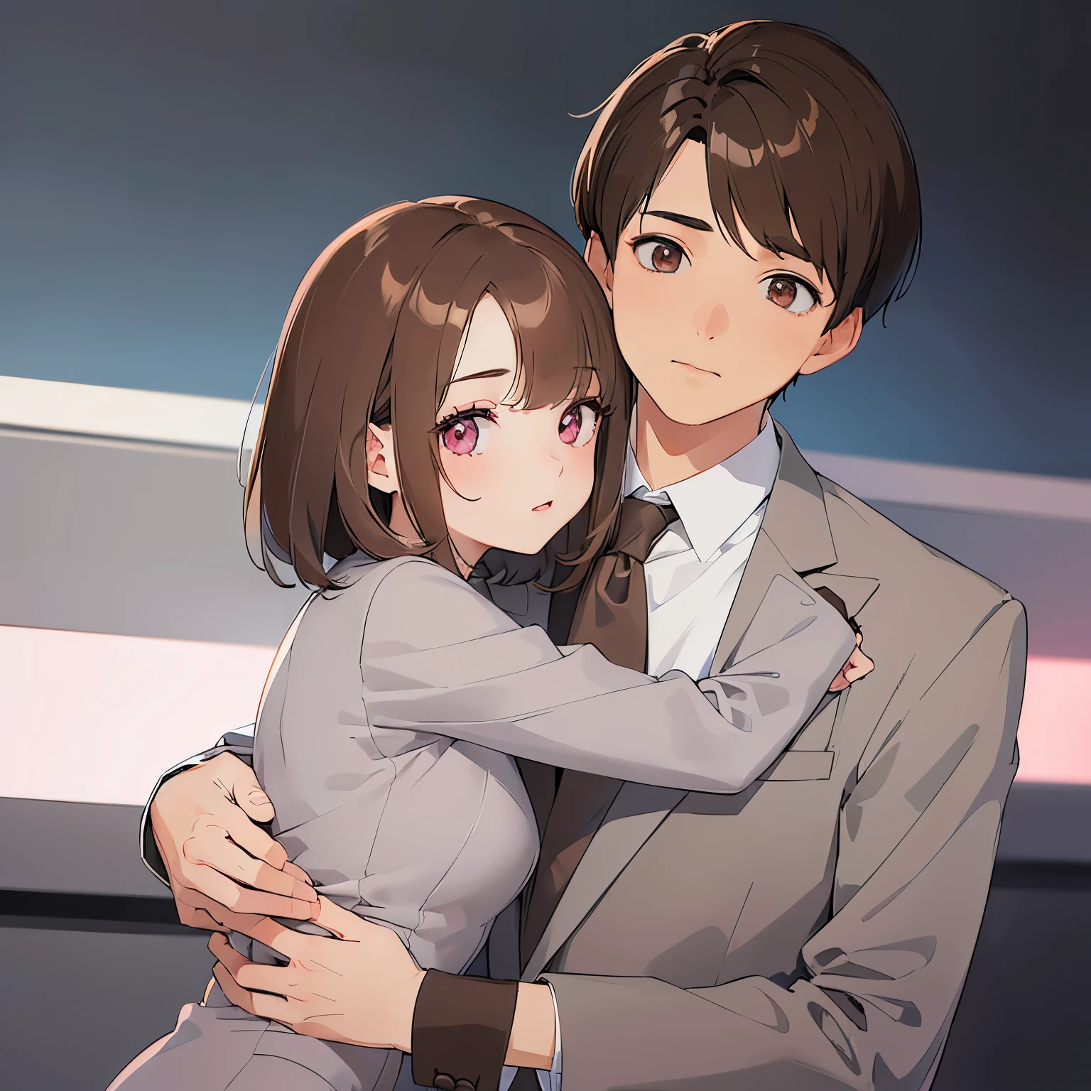 (hug:1.2), 1boy, 1girl, ​masterpiece、top-quality、 (Medium hair with brown bangs:1.5), 25 year old woman with pink eyes、(Wearing a gray suit:1.5)、white  shirt、brown short hair man、