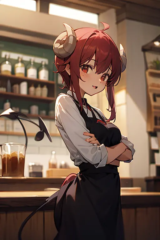 age 20, working at a cafe, demon horns and tail