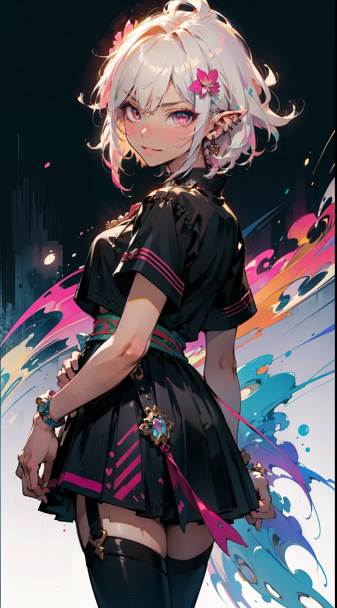 (masterpiece, top quality, best quality, official art, beautiful and aesthetic:1.2), ((dark elf)), ((1girl)), extreme detailed, (fractal art:1.3), colorful, highest detailed, Cowboy shot, from behind,  in the style art by Artgerm, by wadim kashin, by Kawacy, by Yoshitaka Amano, BREAK, insanely detailed face, details eye, Blunt bangs, white hair, (hair between eye), eyelashes, violet eyes, eyeshadow, pink eyeshadow, (dark skin:1.1), glaring, smile, BREAK, corsages, jirai kei, (jirai kei fashion:1.1), Frills, Skirts, Various accessories, (ear piercing), punky style, Japanese subculture, fashion, Stockings, colorful, (Dark circles:1.2),