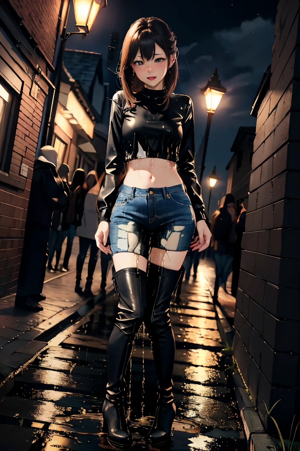 highres, beautiful women, high detail, good lighting, lewd, hentai, (no nudity), (((jeans))), ((tight leather top)), (((leather thigh high boots))), bare midriff, ((wet crotch)), (((peeing herself))), (((wetting herself))), pee streaming down legs, peeing stain, (puddle), (thick thighs), nice long legs, lipstick, detailed face, pretty face, embarrassed blushing face, humiliated, ((legs spread)), ((standing under streetlight at night)), hihelz