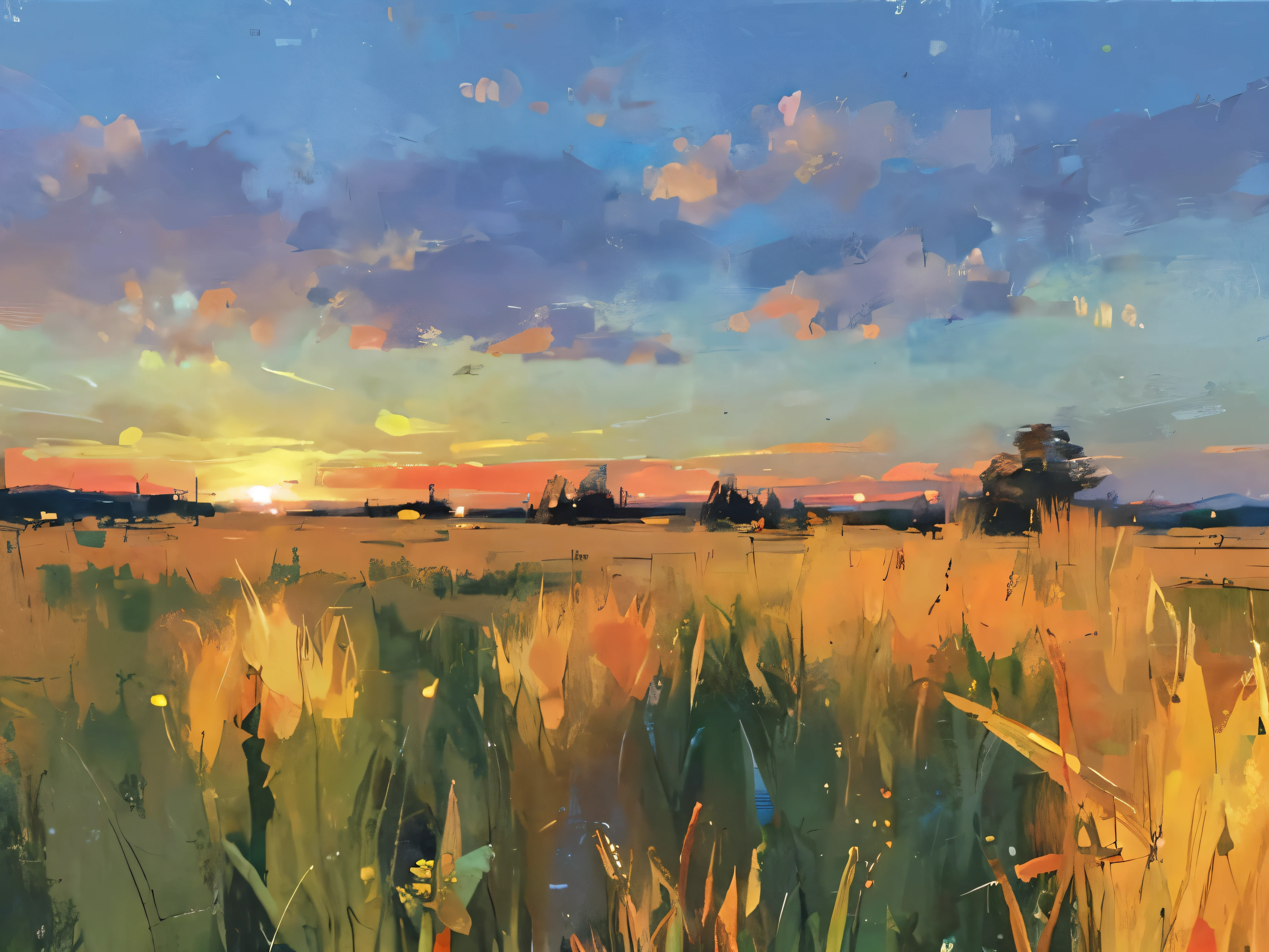 (Лучшее качество:1.2), кукурузное поле в Миннесоте, глубокое боке, сумерки, Небо Аканэ, Вечернее сияние, яркие цвета, освещение золотого часа、Небо становится ярко-красным