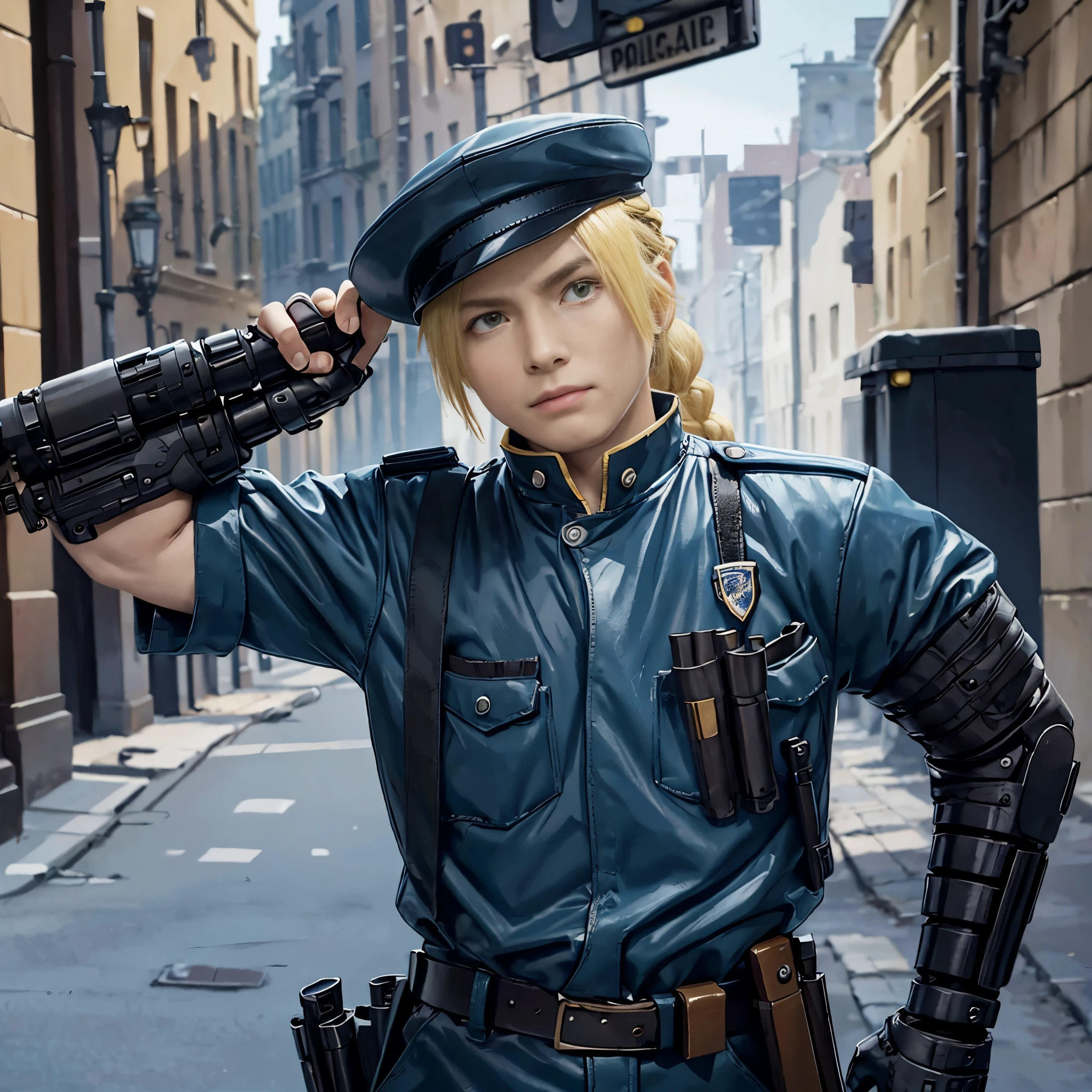 masterpiece, best quality, wallpaper,  police, police cap, 1boy, solo, male focus, looking at viewer, , , , realistic, edward_elric, blonde hair, yellow eyes, braid, single braid, braided ponytail, single mechanical arm, , , , 32k resolution, police cap, police clothes, police, police officer,