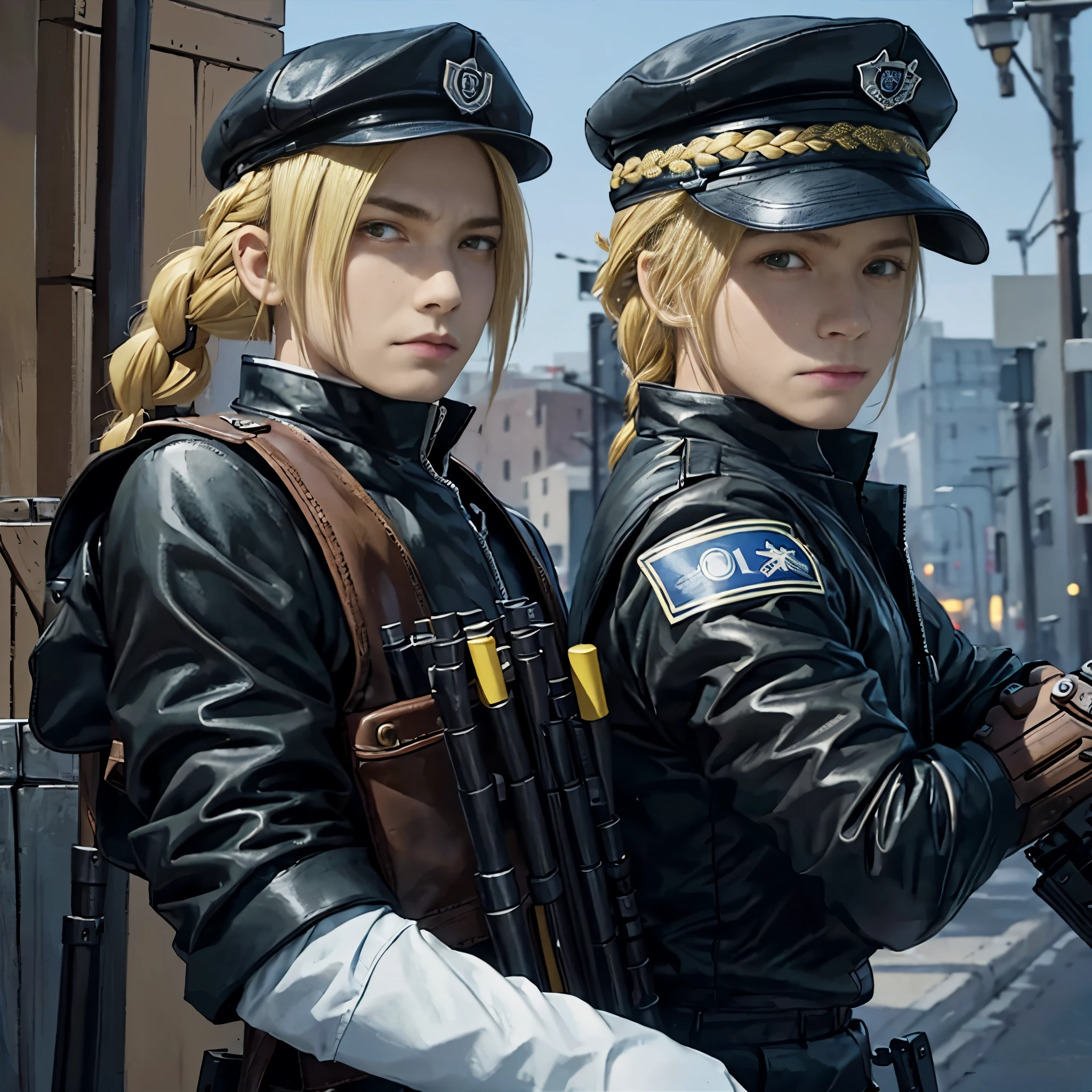 masterpiece, best quality, wallpaper,  police, police cap, 1boy, solo, male focus, looking at viewer, , , , realistic, edward_elric, blonde hair, yellow eyes, braid, single braid, braided ponytail, single mechanical arm, , , , 32k resolution, police cap, police clothes, police, police officer,