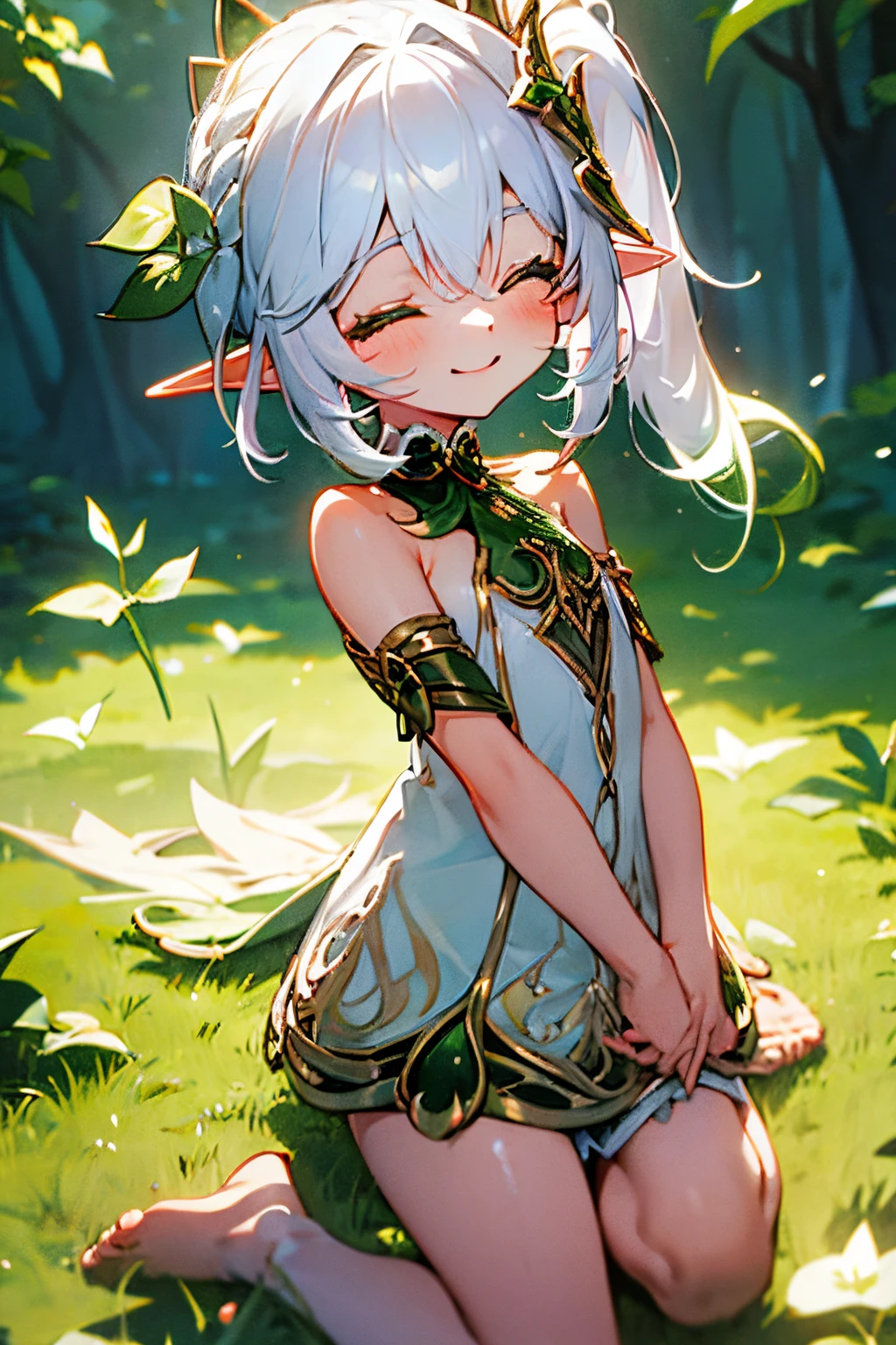 nude, naked, loli, flat chest, outside, smiling, elf ears, pointy ears, daylight, open eyes, happy, hair ornament, white hair, side ponytail