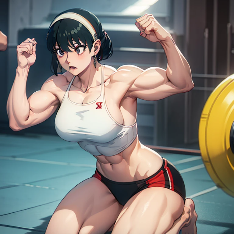 (A detailed drawing of Captain Mizuki, female Bodybuilding , bodybuilding gym.), shirtless, barefoot, Wrestling, bearhug
