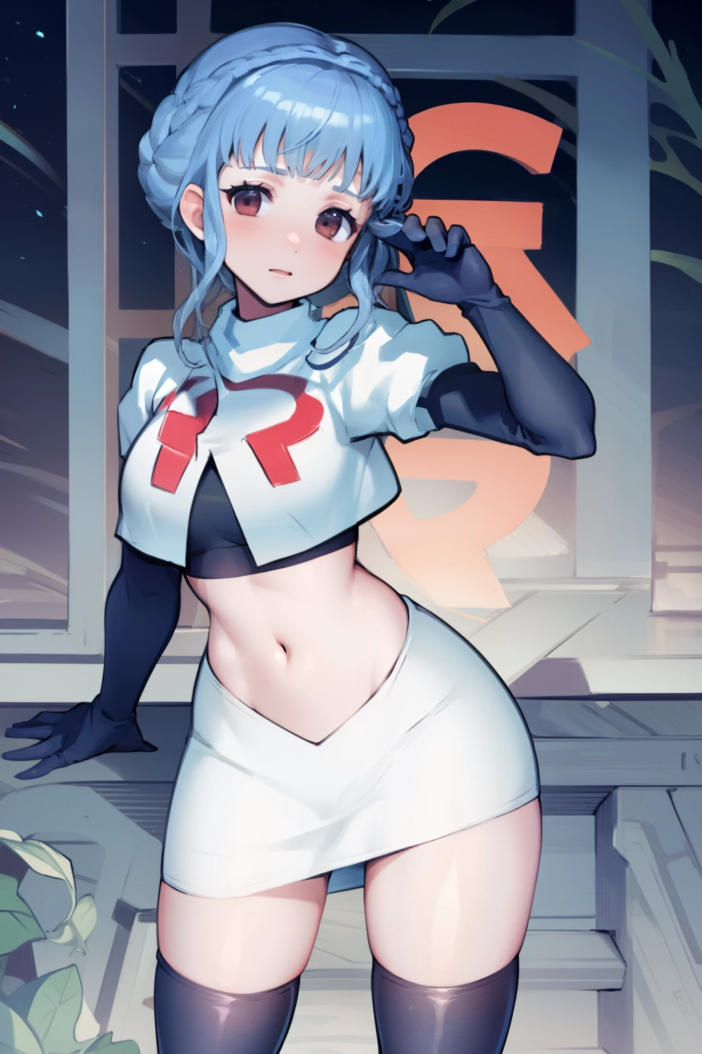 marianne von edmund, team rocket uniform, red letter R, white skirt,white crop top,black thigh-high boots, black elbow gloves, looking at viewer, cowboy shot, sexy pose , night sky background