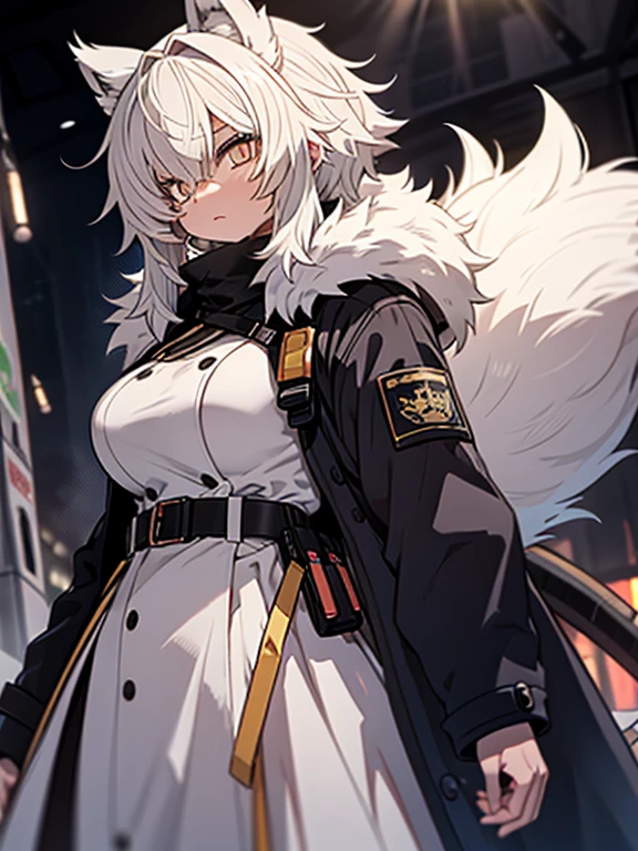 (best quality, masterpiece:1.2), backlit lighting, extremely detailed background,,de pele branca, Massive, muscular girl, Kaiju, aggressive, Proud,long, wavy white hair,Long dark blue coat,very very gigantic boobs,muffler,Wolf Girl,Golden decoration,big tail,trouser,Big animal ears,huge sword,long boots,Warm clothing,Clothes that are large in size,No skin exposure,Fluffy,venusbody,arknights,angry,