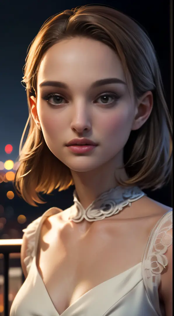 photo of Natalie Portman, RAW, beautiful woman, ((portrait)), ((detailed face:1.2)), ((detailed facial feature, detailed skin, clear skin), (perfect proportioned body), (wearing a colorful dress) (high detailed city environment, apartment balcony), (realis...