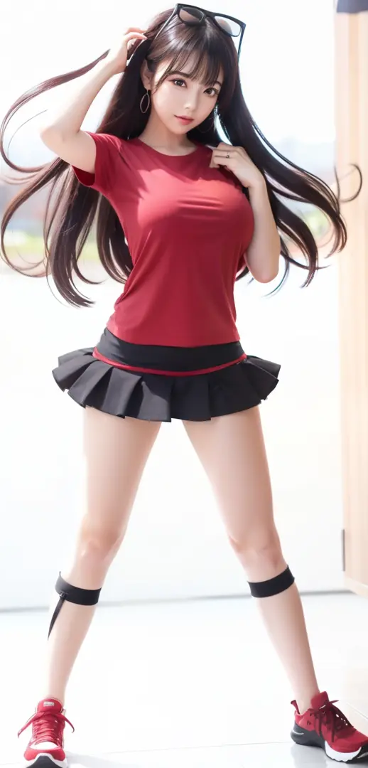 female idol、Beautiful legs and big breasts、A dark-haired、、Good Style、（a miniskirt）、、Red Shirt