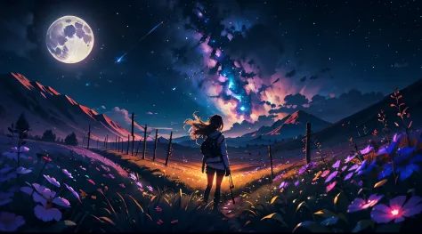 expansive landscape photograph , (a view from below that shows sky above and open field below), a girl standing on flower field looking up, (full moon:1.2), ( shooting stars:0.9), (nebula:1.3), distant mountain, tree BREAK
production art, (warm light sourc...