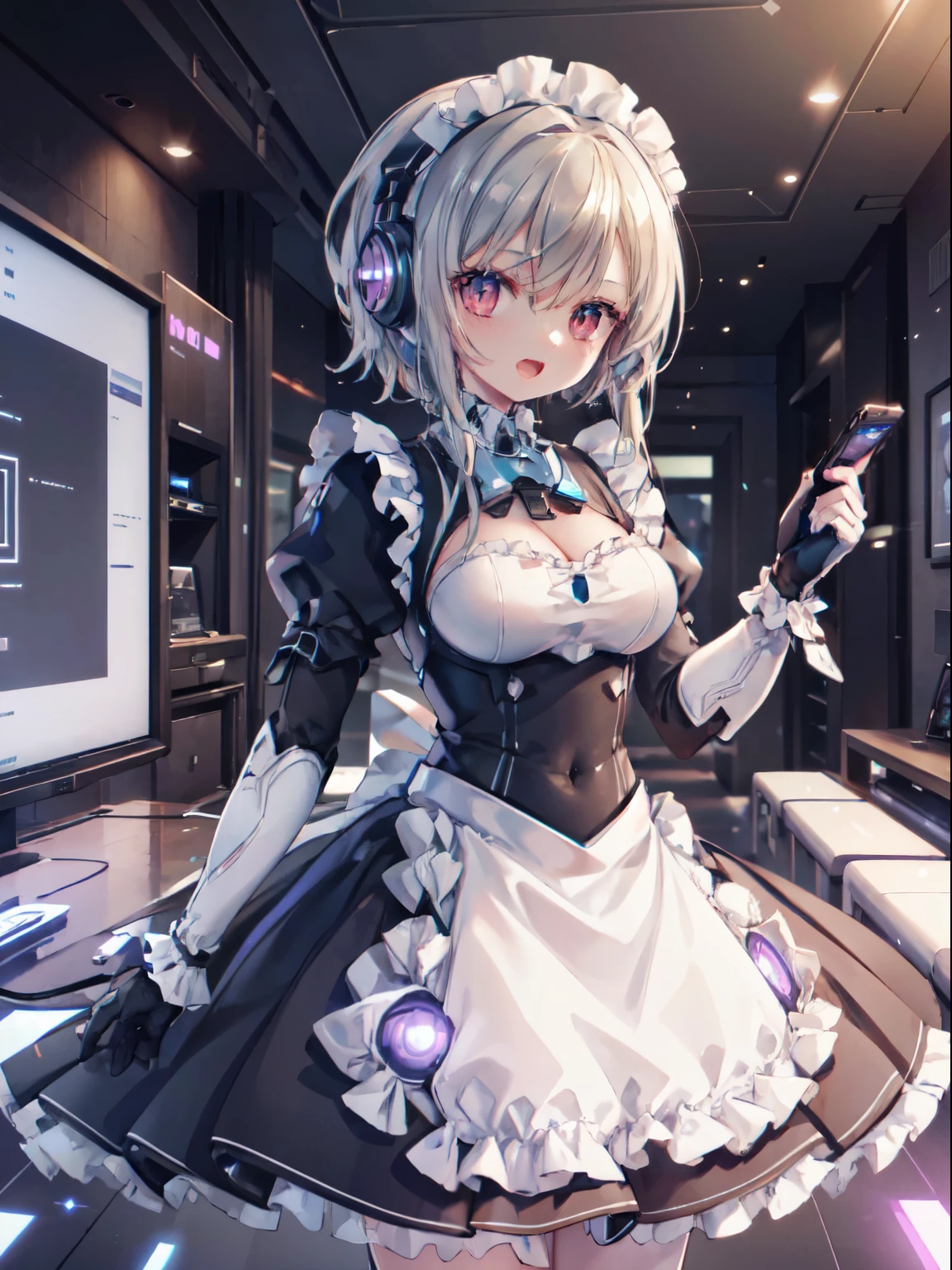 (Dutch Angle), (Datamoss: 1.5), (8K UHD, masutepiece, Highest Quality, High quality, Absurd, Ultra-detailed, Detailed background, depth of fields), (Cowboy Shot:1.2), (nffsw: 1.4), ((look at viewr, Open mouth)), A robot maid in a futuristic mansion, wearing cyberpunk maid attire with a headset. The maid is an android girl, showcasing advanced technology while performing household tasks. The background features the interior of the futuristic mansion, characterized by modern and technology-infused design.